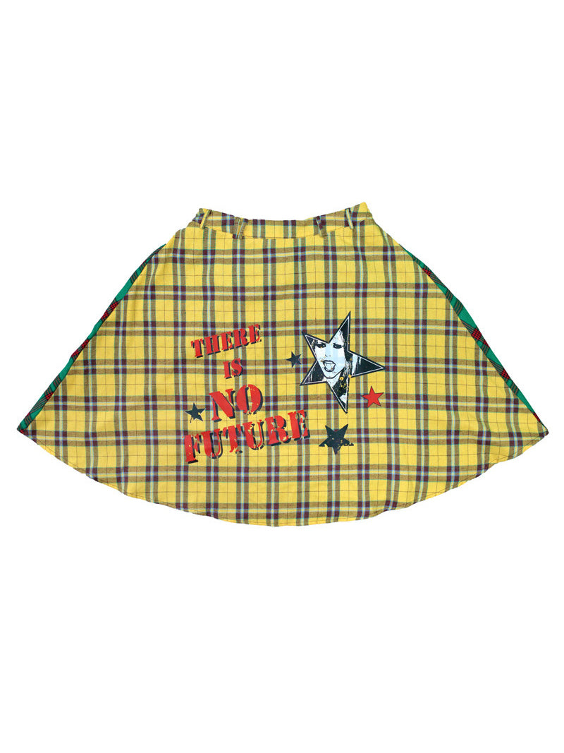 DEADENDKIDS BADGALS CLUB plaid A-line skirt in yellow green plaid — isolated front view showing the contrast plaid and printed graphics