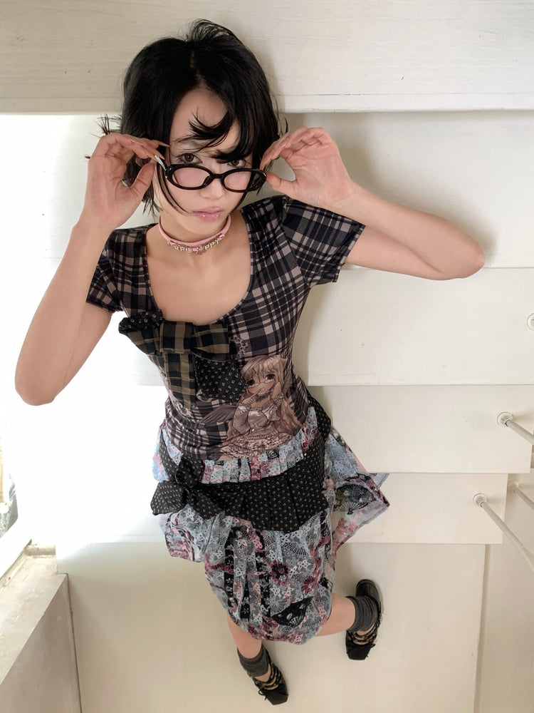 4RE1GN CROSS RIBBON jacquard lace layered skirt in multicolor — high-angle modeled view adjusting glasses