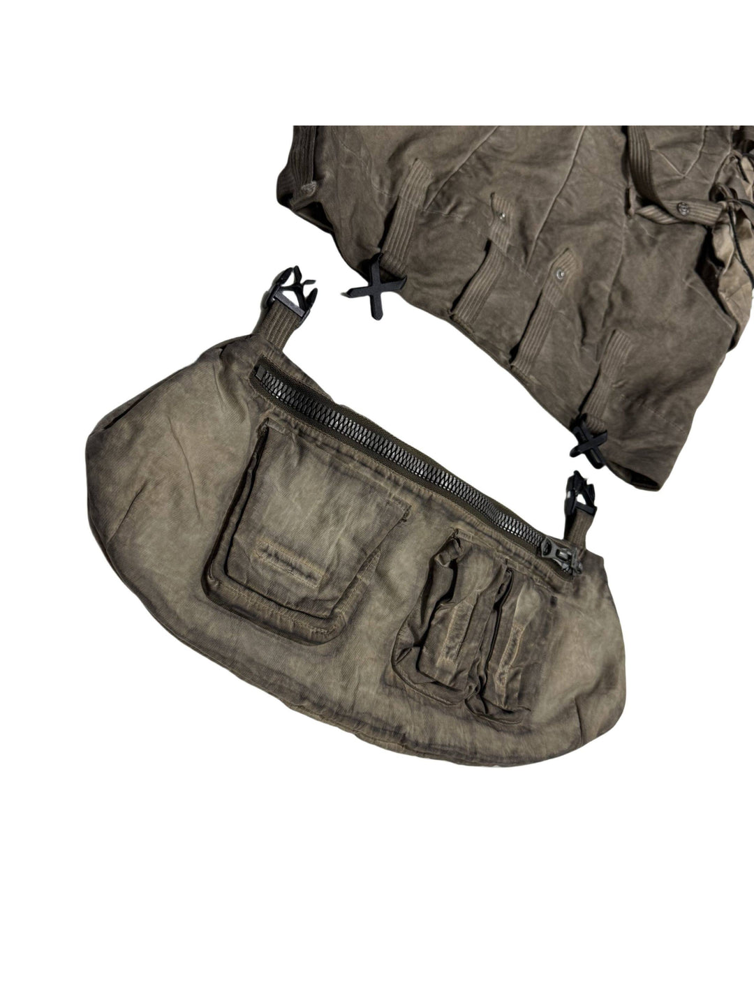 PIONEER cargo pants with waist pouch detached, showing buckle attachments