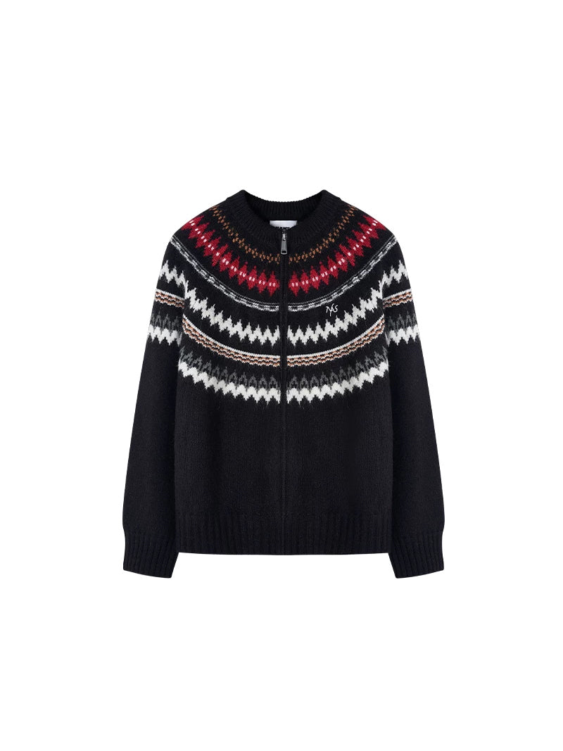 NAWS FAIR ISLE wool-alpaca cardigan — Vintage Black Fair Isle zip cardigan, front product view