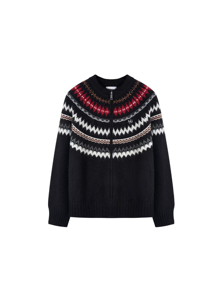 NAWS FAIR ISLE wool-alpaca cardigan — Vintage Black Fair Isle zip cardigan, front product view