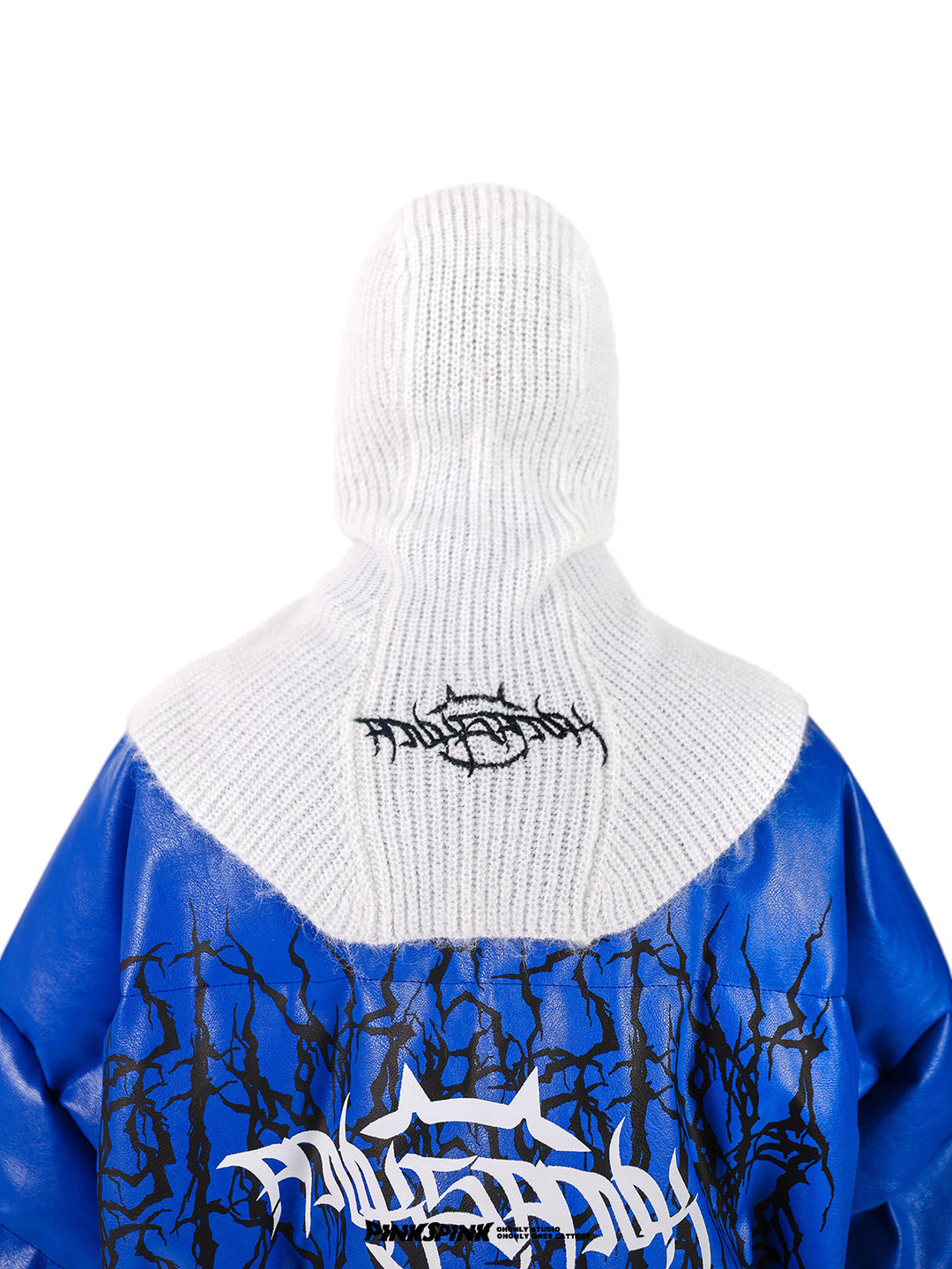 PINKSPINK ELECTRIC THORN embroidered knit balaclava in white — rear modeled close-up showing the embroidered back logo