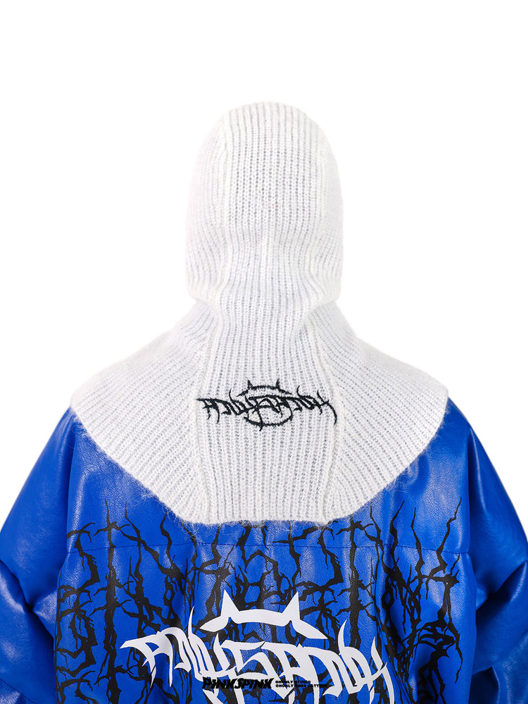 PINKSPINK ELECTRIC THORN embroidered knit balaclava in white — rear modeled close-up showing the embroidered back logo
