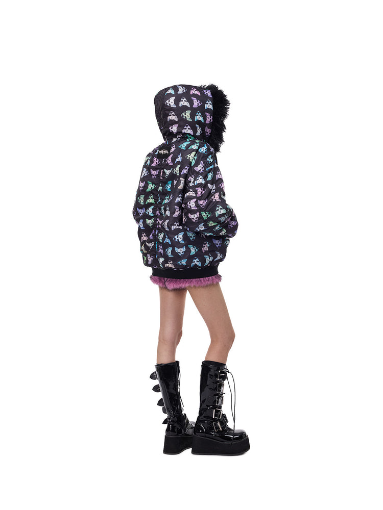 PINKSPINK CAT ALIEN faux-fur collar padded jacket — back three-quarter modeled view showing the printed hood