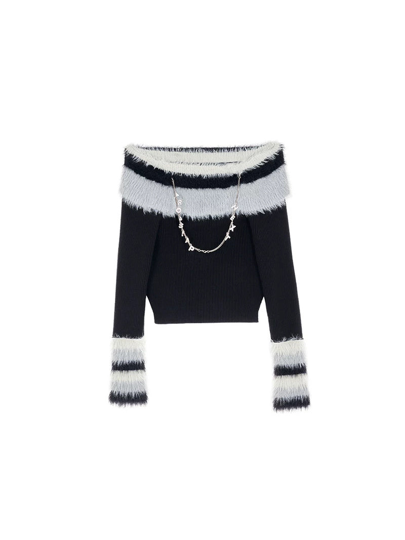 Next Passport black reversible faux-fur collar knit pullover flat lay