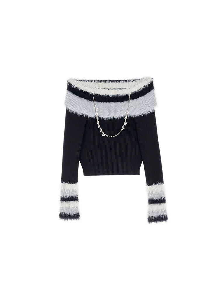 Next Passport black reversible faux-fur collar knit pullover flat lay