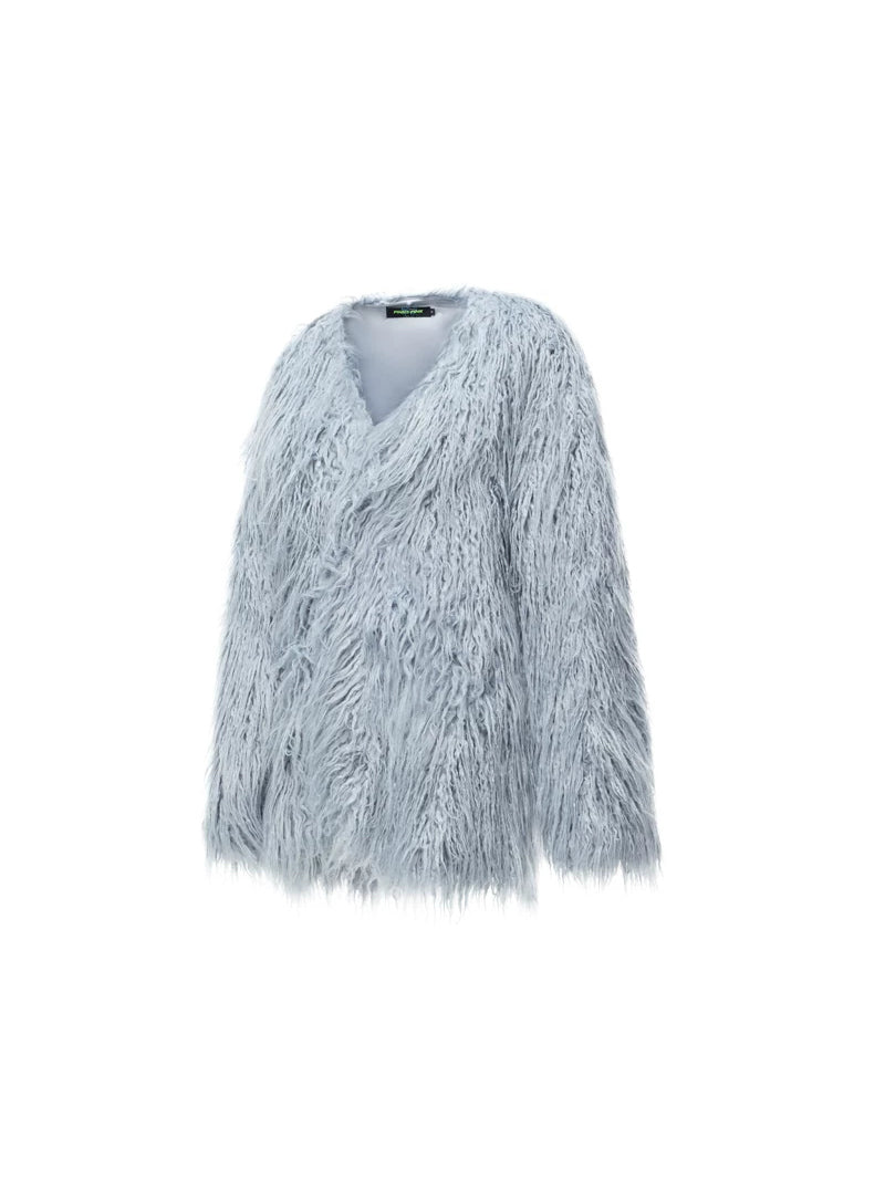 PINKSPINK CLOUDNINE shaggy V-neck faux-fur coat — blue shaggy faux-fur coat, angled product view