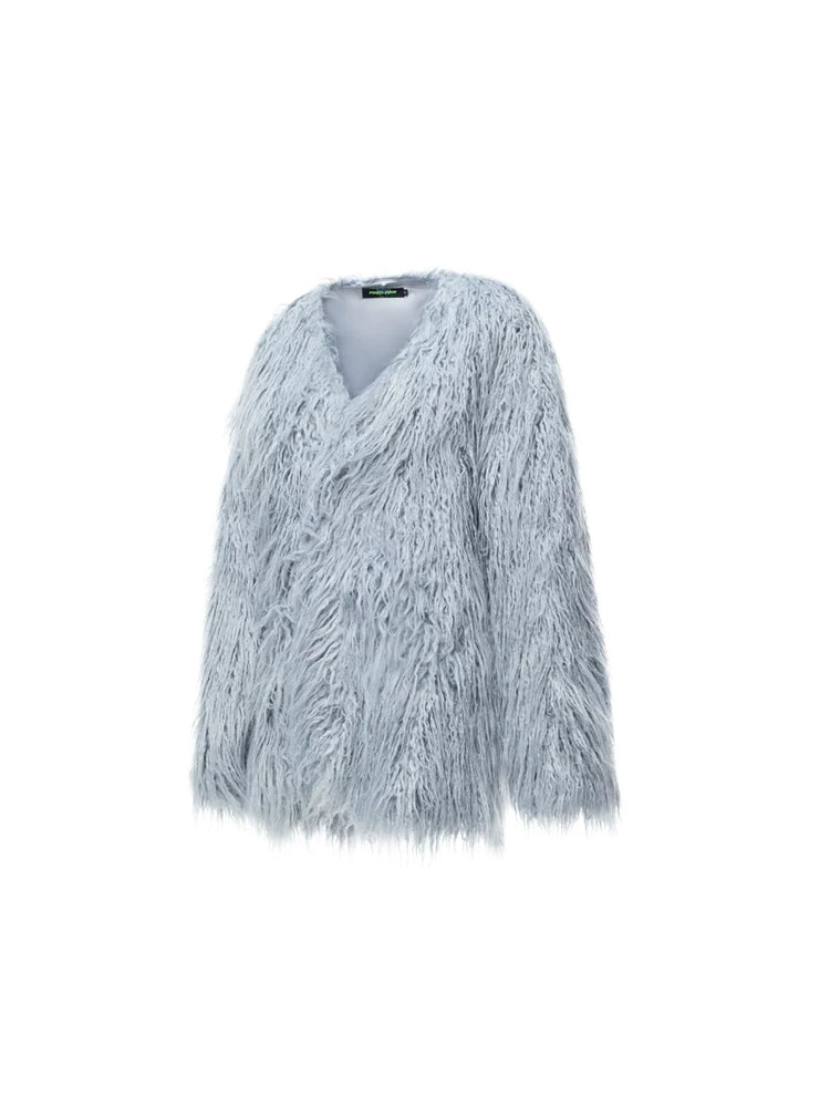 PINKSPINK CLOUDNINE shaggy V-neck faux-fur coat — blue shaggy faux-fur coat, angled product view