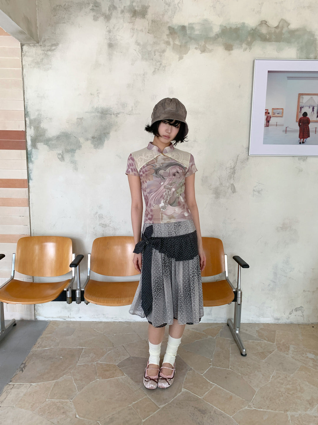 4RE1GN PINK REAPER lace-panel mandarin tee in pink multicolor — full-length modeled view with head tilted