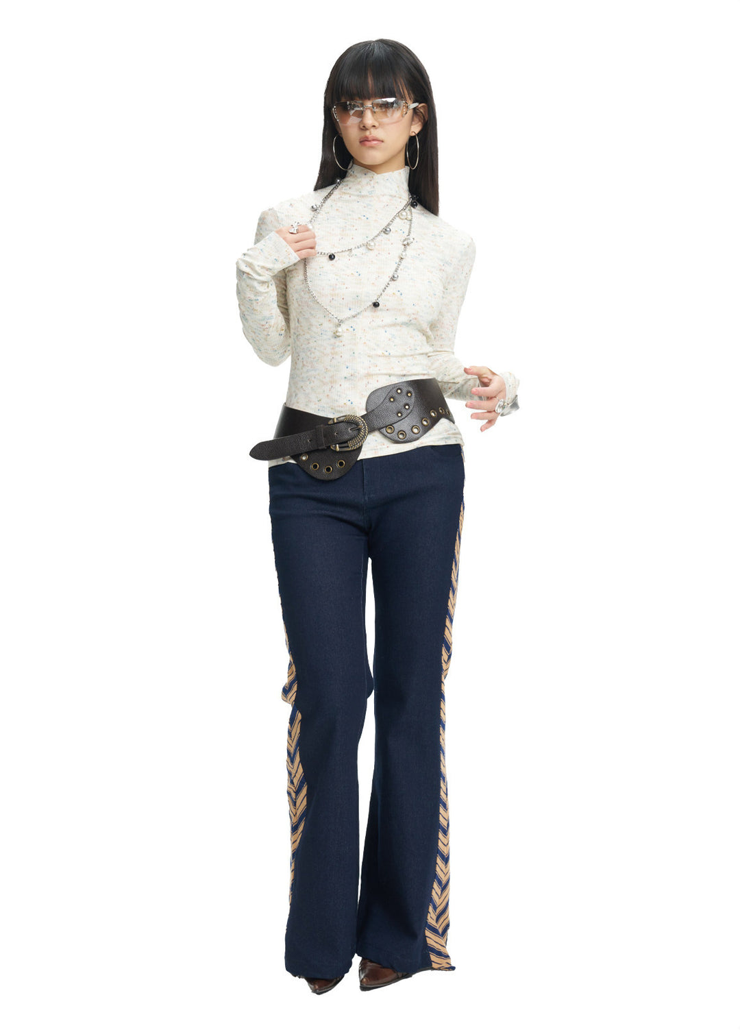 NEXT PASSPORT ivory fitted mock-neck long-sleeve tee close front styling view.