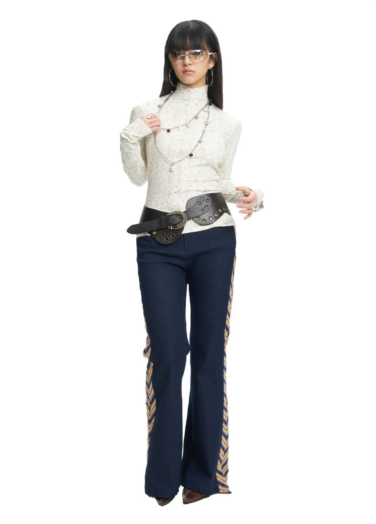 NEXT PASSPORT ivory fitted mock-neck long-sleeve tee close front styling view.