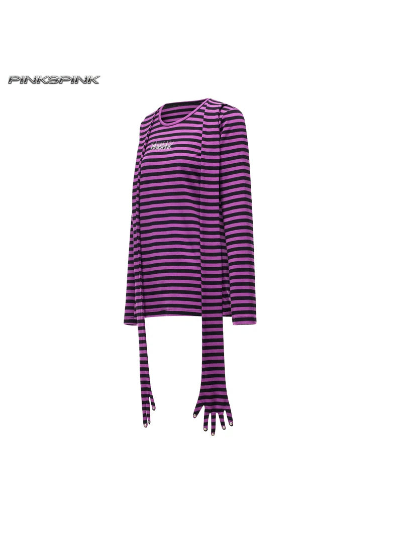 PINKSPINK GHOSTHAND striped glove-sleeve tee — purple-and-black striped tee with extended glove sleeves, front product view