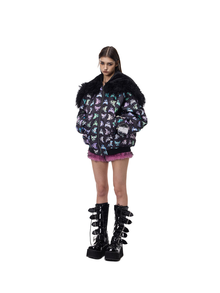 PINKSPINK CAT ALIEN faux-fur collar padded jacket — three-quarter modeled view with hands in pockets and collar open
