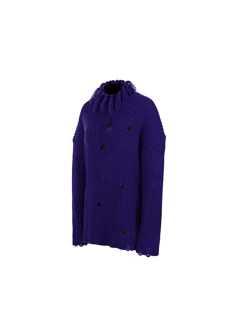 PINKSPINK ELECTRIC MOON distressed high-neck sweater — purple distressed high-neck sweater, front product view