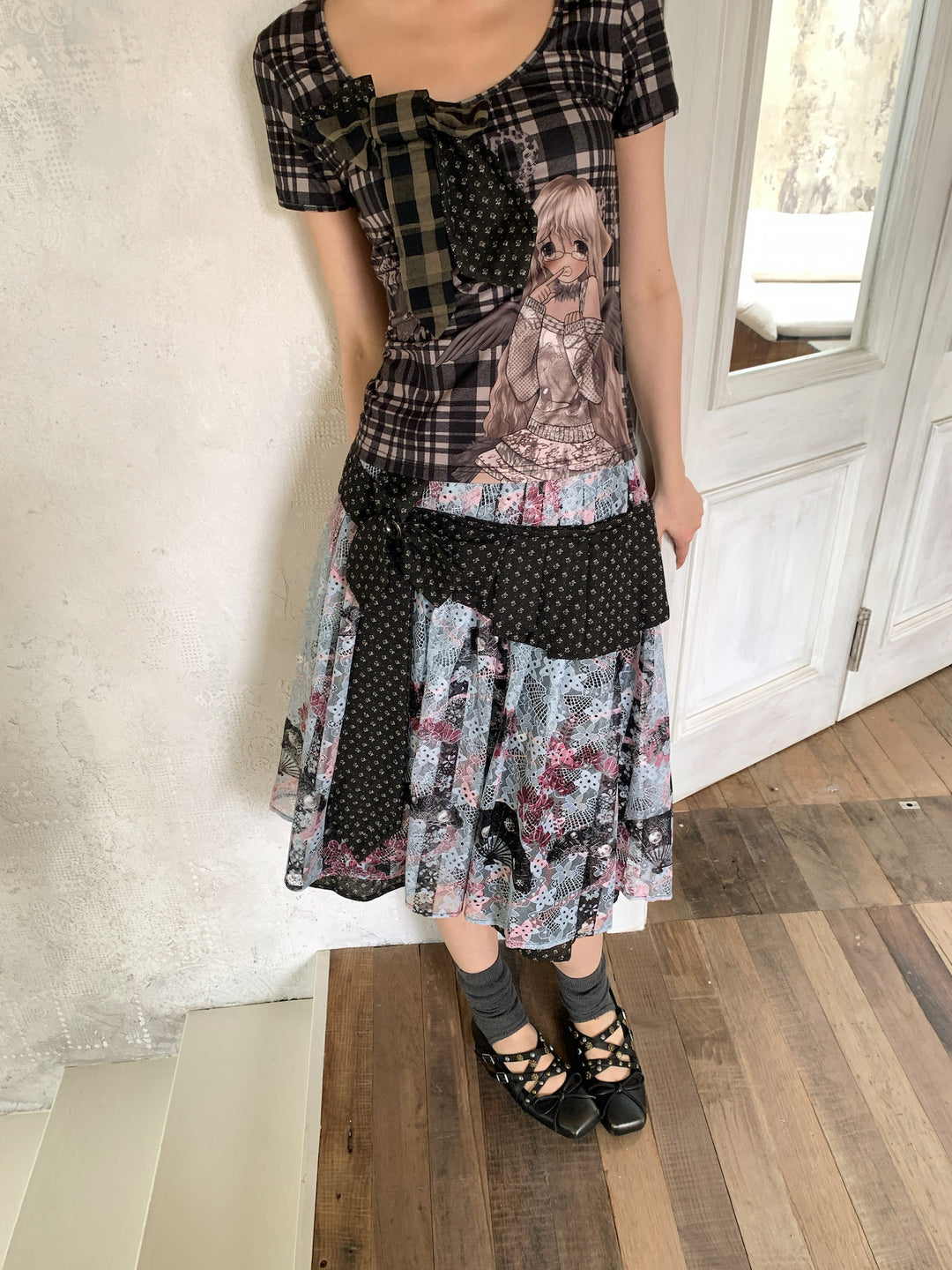 4RE1GN CROSS RIBBON jacquard lace layered skirt in multicolor — close front modeled detail of the jacquard ribbon and lace