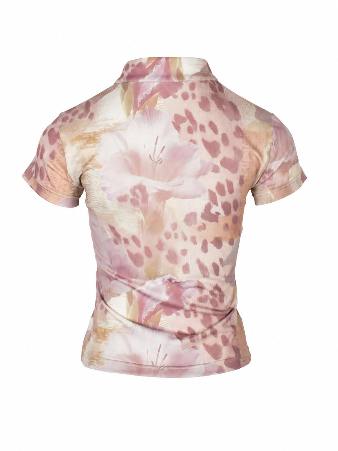 4RE1GN PINK REAPER lace-panel mandarin tee in pink multicolor — back garment-only view showing the floral and leopard print