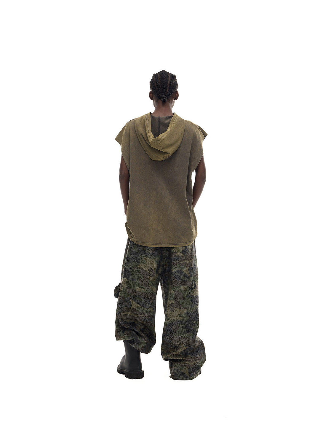 PINKSPINK DOUBLE STACK distressed camouflage wide-leg jeans — back full-length modeled view with an olive sleeveless hooded top
