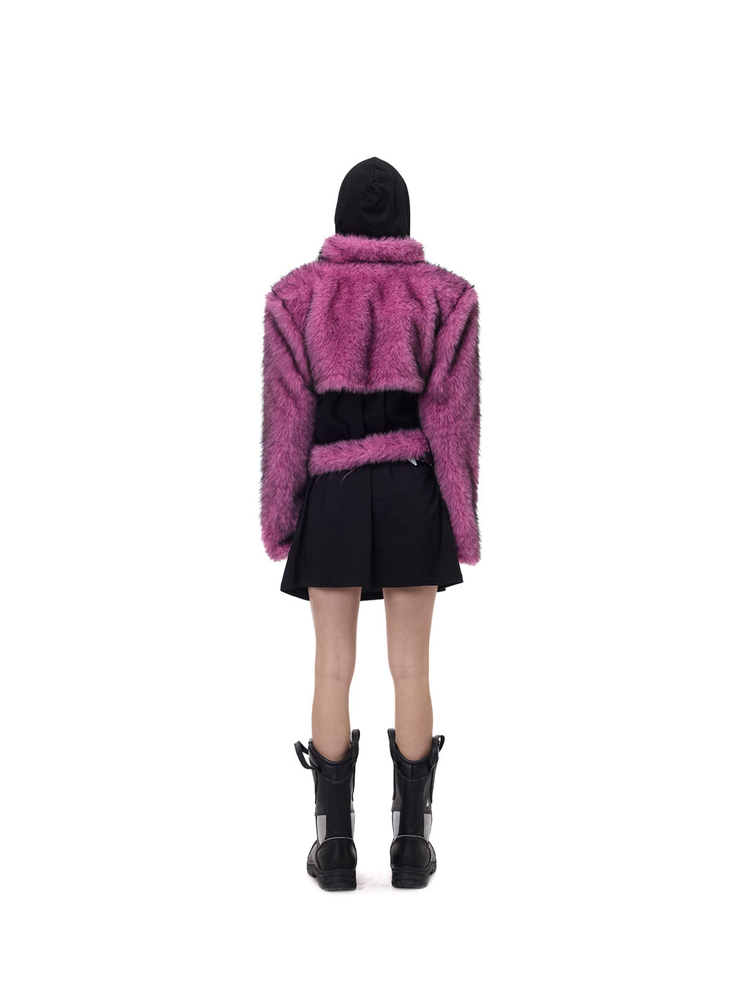 PINKSPINK ELECTRIC MOON gradient faux-fur cropped jacket — back full-length modeled view layered over a black hooded top