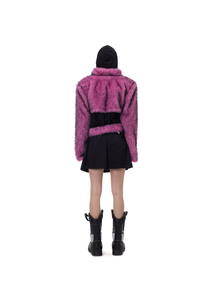 PINKSPINK ELECTRIC MOON gradient faux-fur cropped jacket — back full-length modeled view layered over a black hooded top