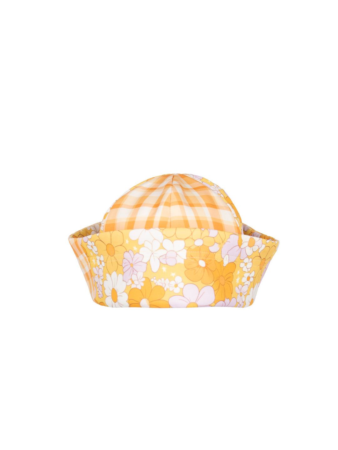 4RE1GN MYSTIC printed brimless hat — yellow floral and gingham print — front garment-only view