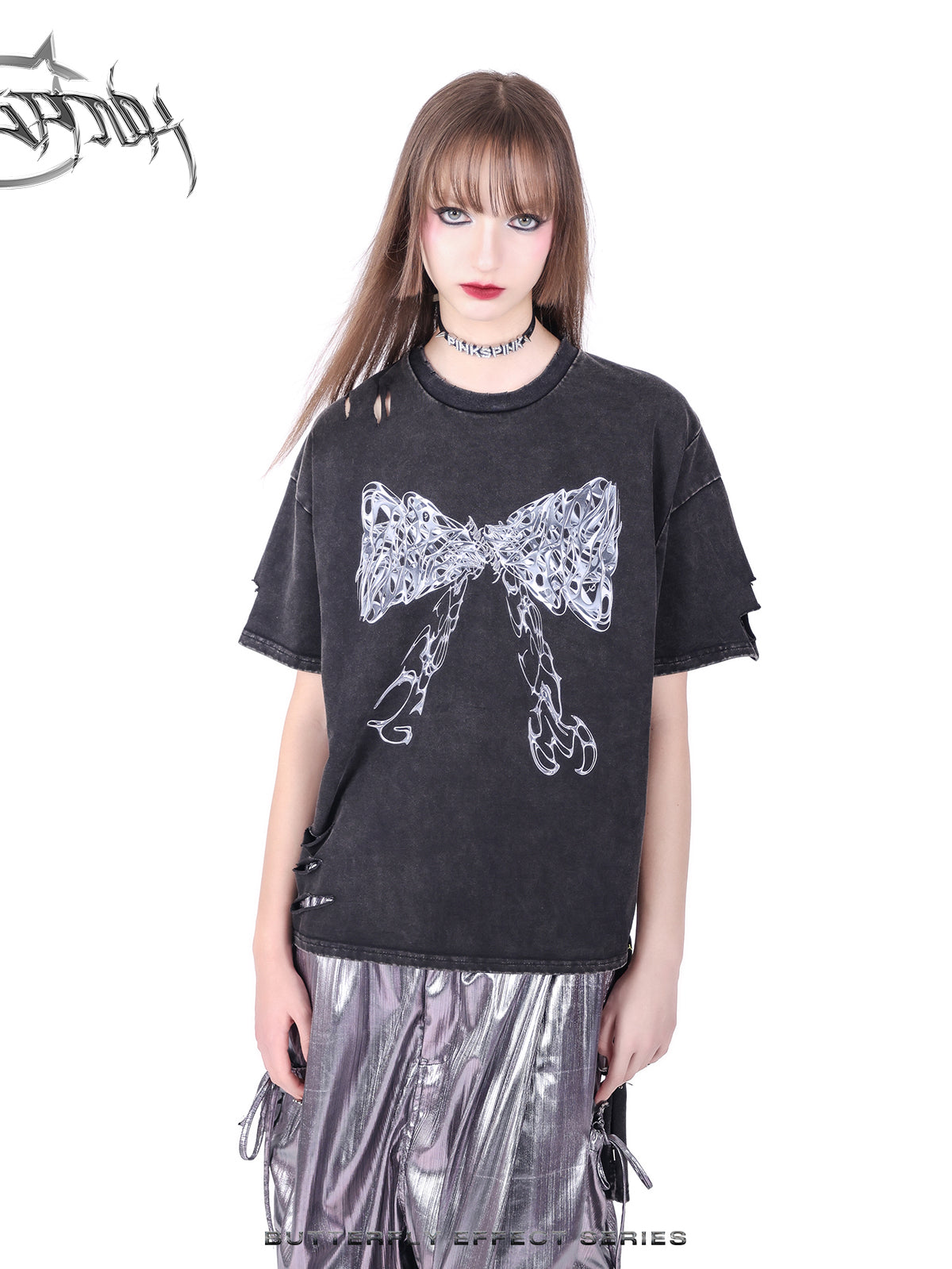 PINKSPINK BUTTERFLY EFFECT distressed tie-side tee — washed black front detail view of the distressed neckline and metallic bow.