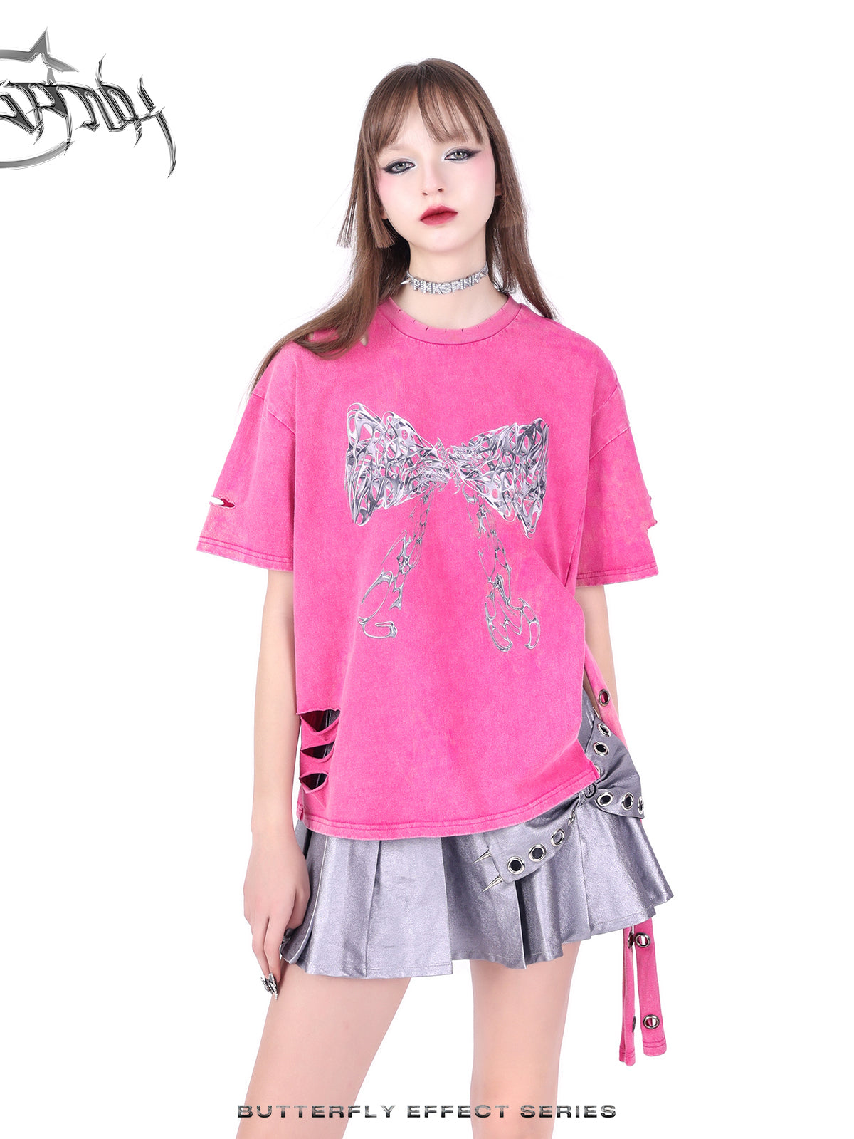PINKSPINK BUTTERFLY EFFECT distressed tie-side tee — pink close front view with the eyelet side ties hanging loose.