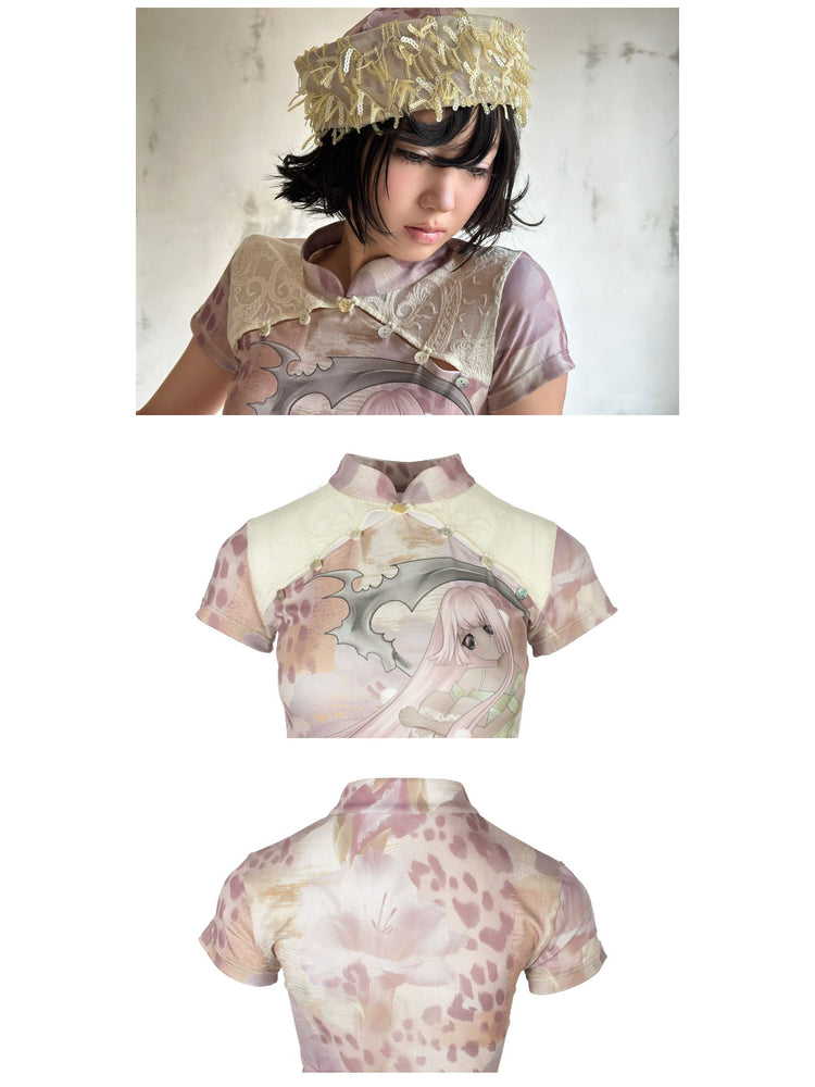 4RE1GN PINK REAPER lace-panel mandarin tee in pink multicolor — detail collage showing the modeled collar, front lace yoke and back print