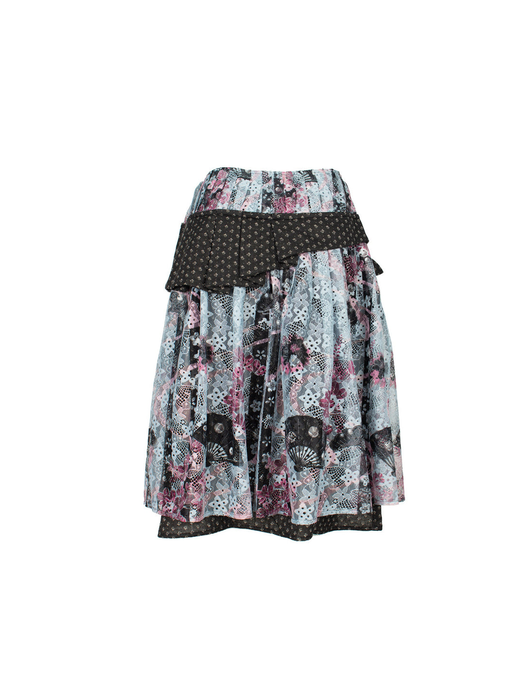 4RE1GN CROSS RIBBON jacquard lace layered skirt in multicolor — back garment-only view showing the printed lace and layered hem