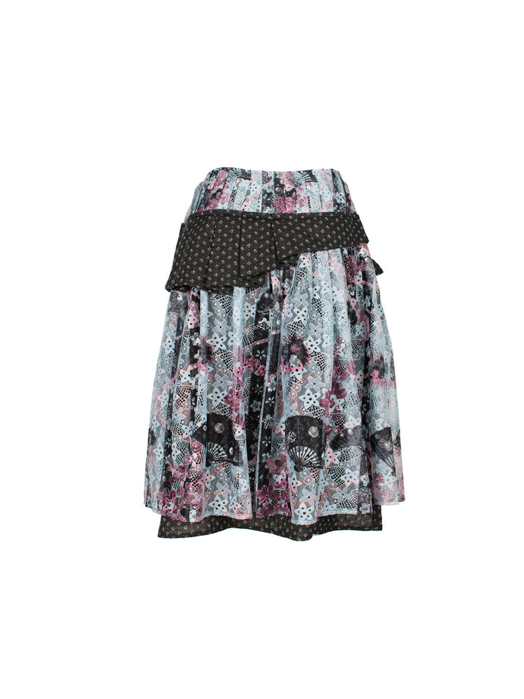 4RE1GN CROSS RIBBON jacquard lace layered skirt in multicolor — back garment-only view showing the printed lace and layered hem