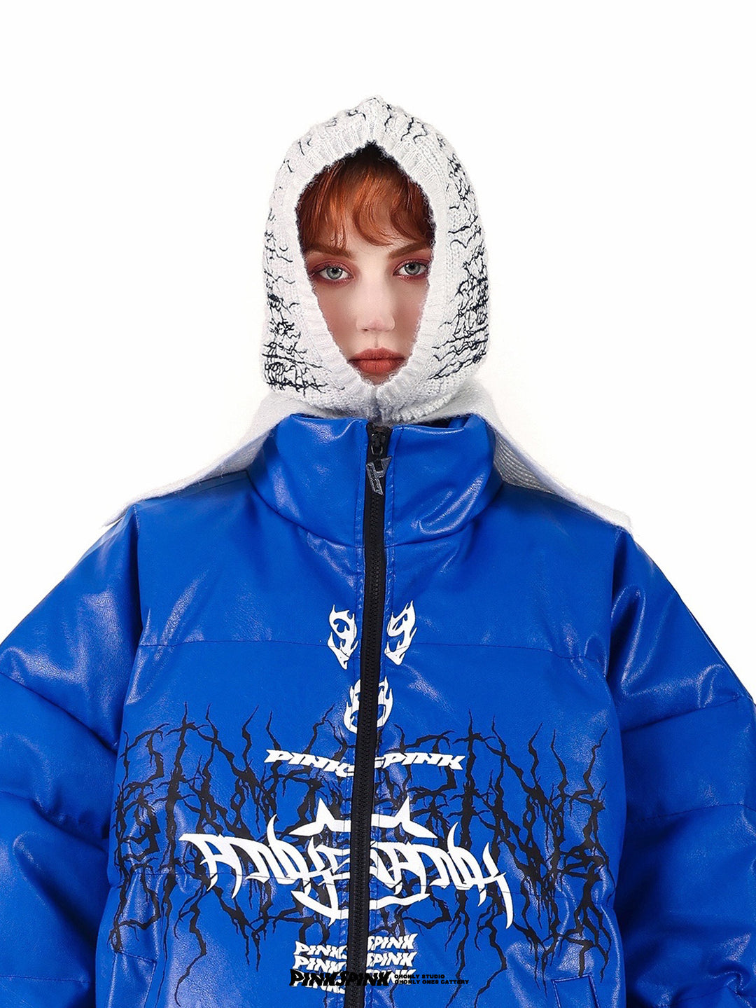 PINKSPINK ELECTRIC THORN embroidered knit balaclava in white — front modeled close-up showing the face opening and embroidery