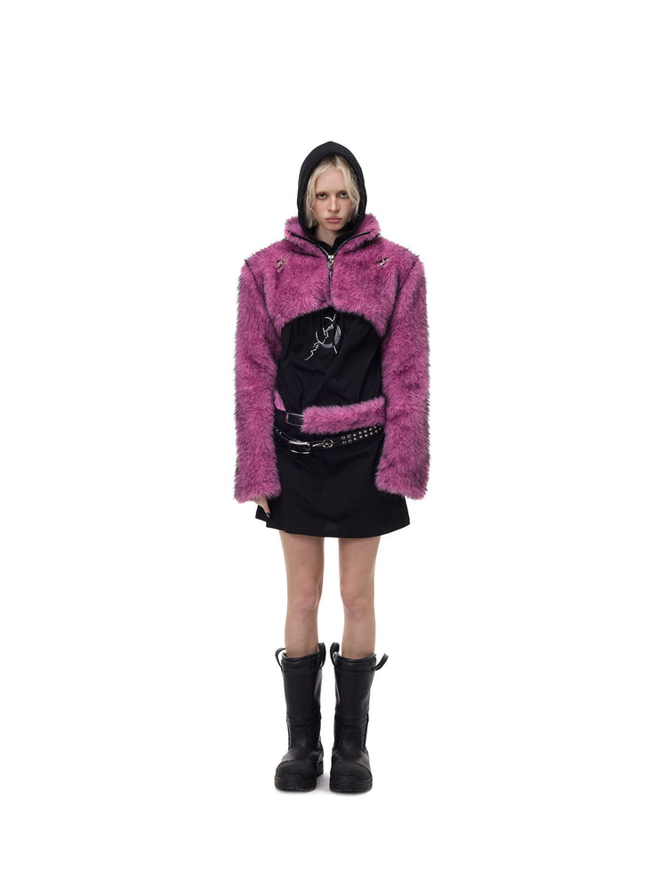 PINKSPINK ELECTRIC MOON gradient faux-fur cropped jacket — front full-length modeled view layered over a black mini dress