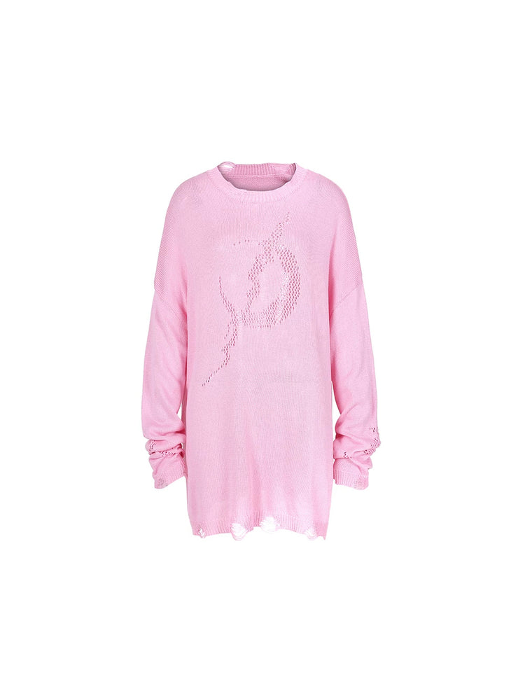 PINKSPINK ELECTRIC MOON distressed open-knit sweater — pink distressed open-knit sweater, front product view
