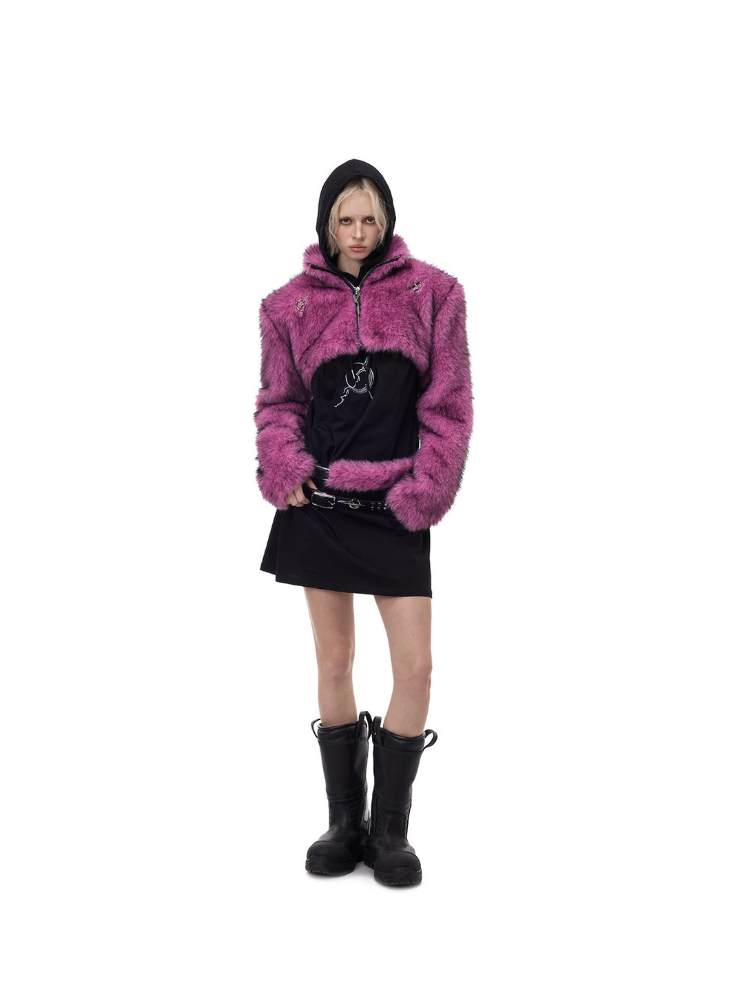 PINKSPINK ELECTRIC MOON gradient faux-fur cropped jacket — angled full-length modeled view with a black mini dress