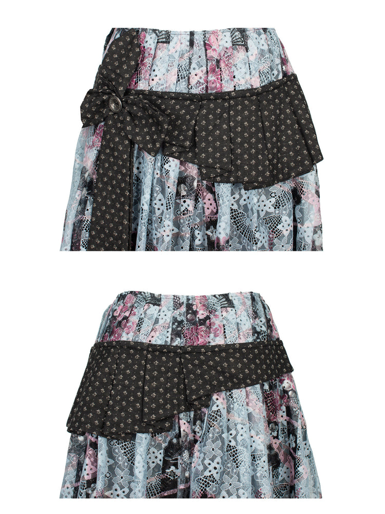 4RE1GN CROSS RIBBON jacquard lace layered skirt in multicolor — front bow, pleated jacquard and back waistband details