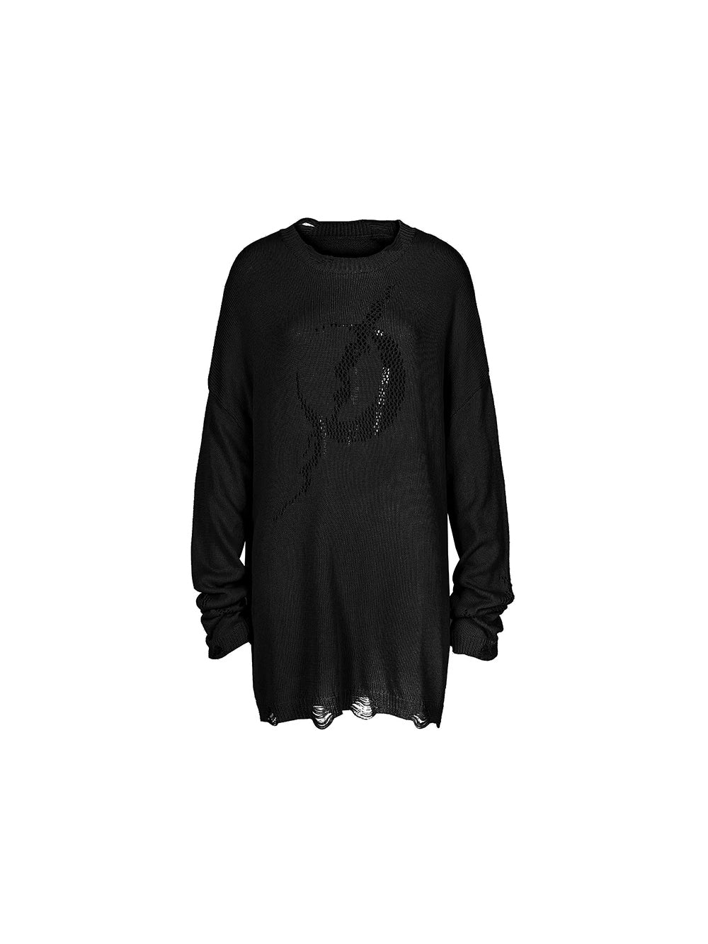 PINKSPINK ELECTRIC MOON distressed open-knit sweater — black distressed open-knit sweater, front product view