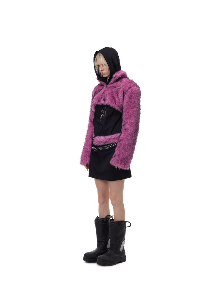 PINKSPINK ELECTRIC MOON gradient faux-fur cropped jacket — side modeled view layered over a black hooded top