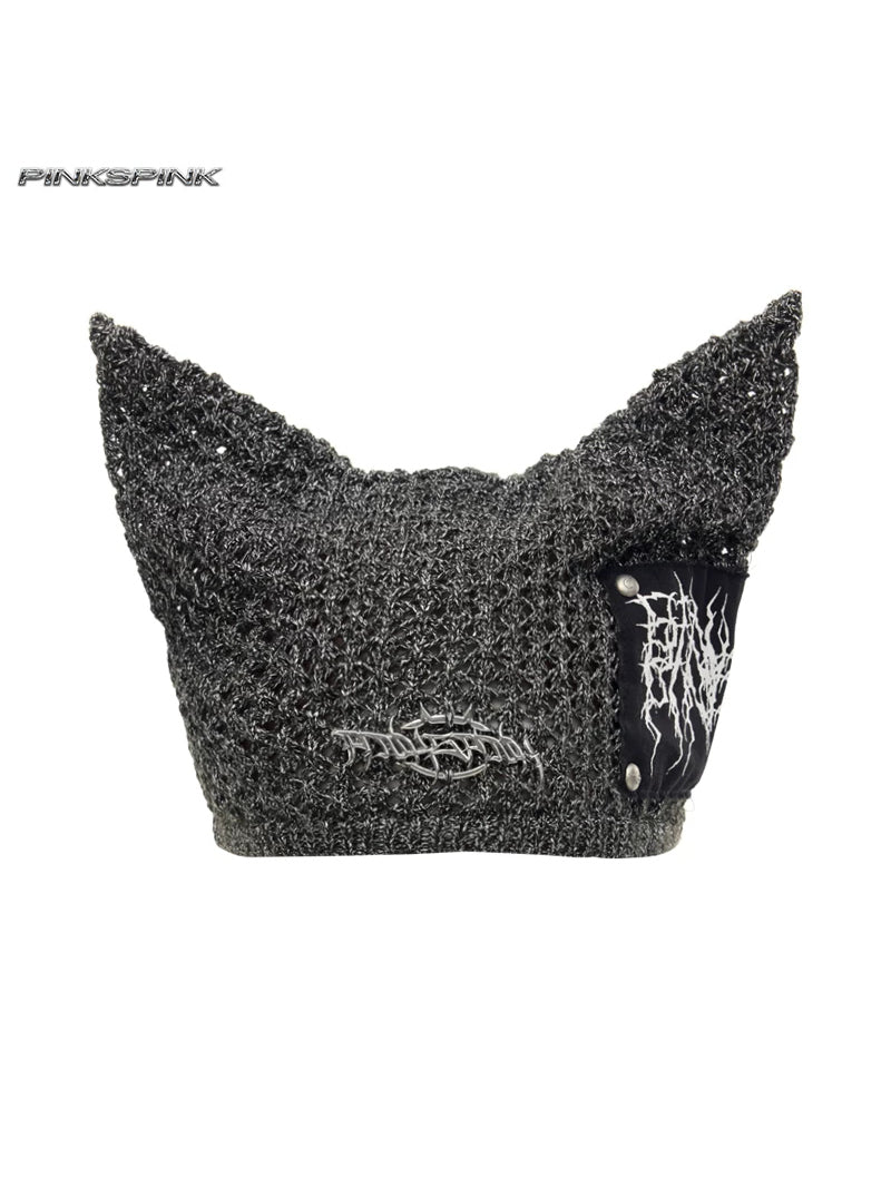 PINKSPINK DEVILCAT distressed cat-ear knit beanie — black distressed cat-ear knit beanie, angled product view
