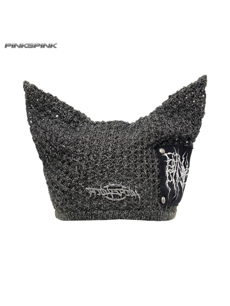 PINKSPINK DEVILCAT distressed cat-ear knit beanie — black distressed cat-ear knit beanie, angled product view