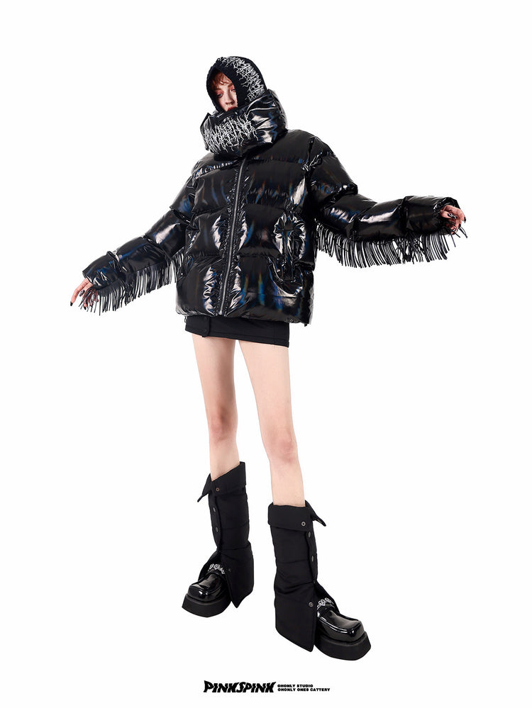 PINKSPINK ELECTRIC THORN embroidered knit balaclava in black — full-length modeled view with arms extended and a fringed puffer