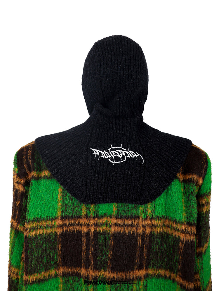 PINKSPINK ELECTRIC THORN embroidered knit balaclava in black — rear modeled close-up showing thorn logo embroidery