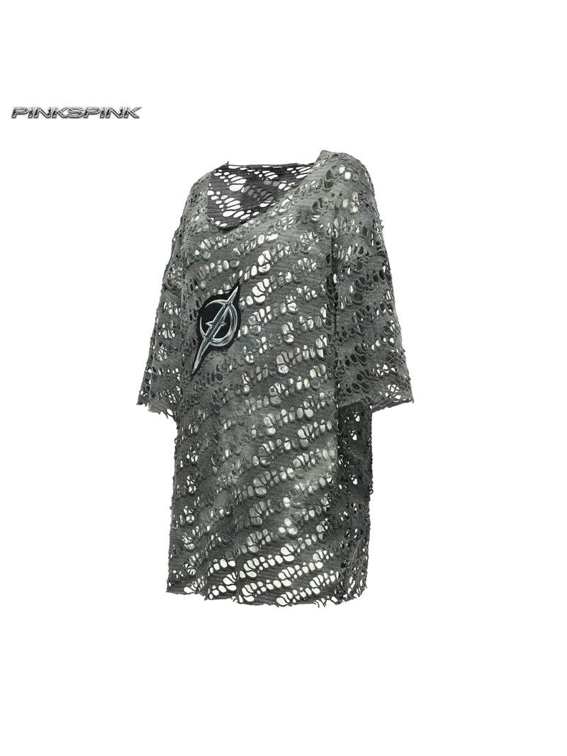 PINKSPINK ELECTRIC MOON distressed open-knit oversized tee — charcoal-gray distressed open-knit tee with moon emblem, angled product view