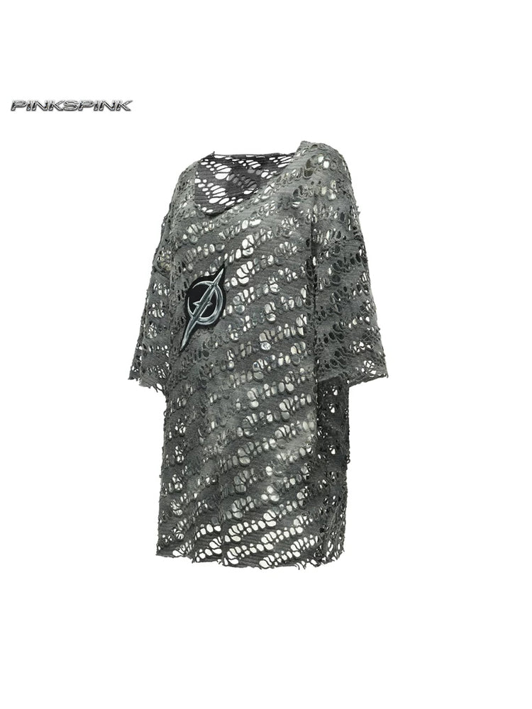 PINKSPINK ELECTRIC MOON distressed open-knit oversized tee — charcoal-gray distressed open-knit tee with moon emblem, angled product view