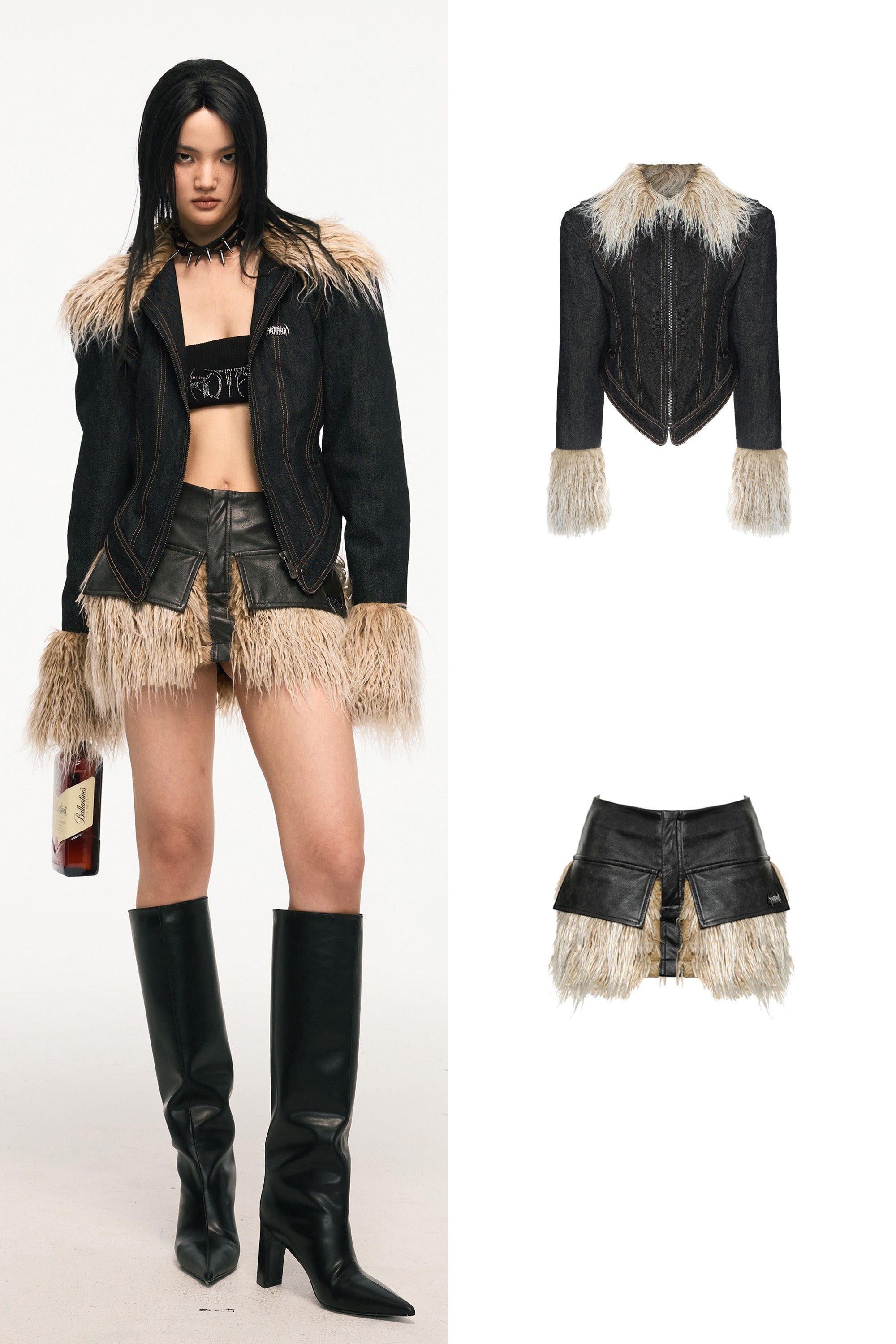 ★ GLOWNY★ BURNING FUR SKIRT BLACK GY24FASK004 VICE CITY leather fur skirt – Dragon Star