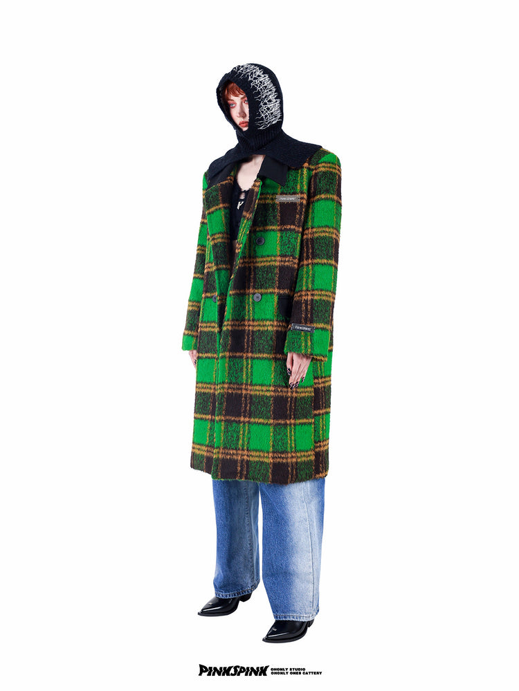 PINKSPINK ELECTRIC THORN embroidered knit balaclava in black — three-quarter full-length modeled view with a green plaid coat