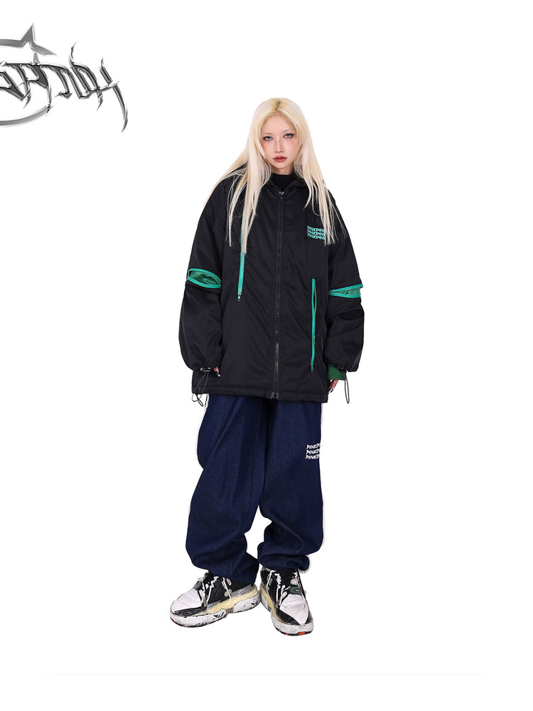 PINKSPINK fleece-striped wide-leg jeans — front full-length modeled view styled with a black and green jacket
