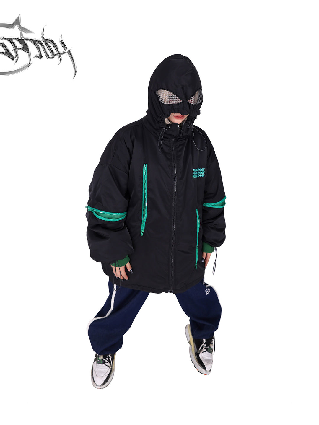PINKSPINK fleece-striped wide-leg jeans — high-angle full-length modeled view with a black and green face-covering jacket