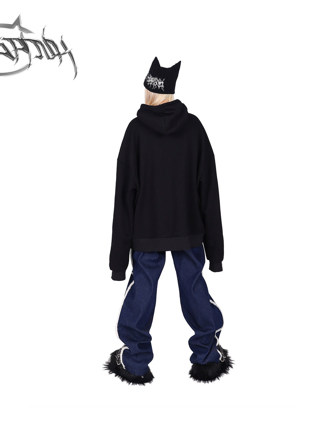 PINKSPINK fleece-striped wide-leg jeans — back full-length modeled view with the hoodie down