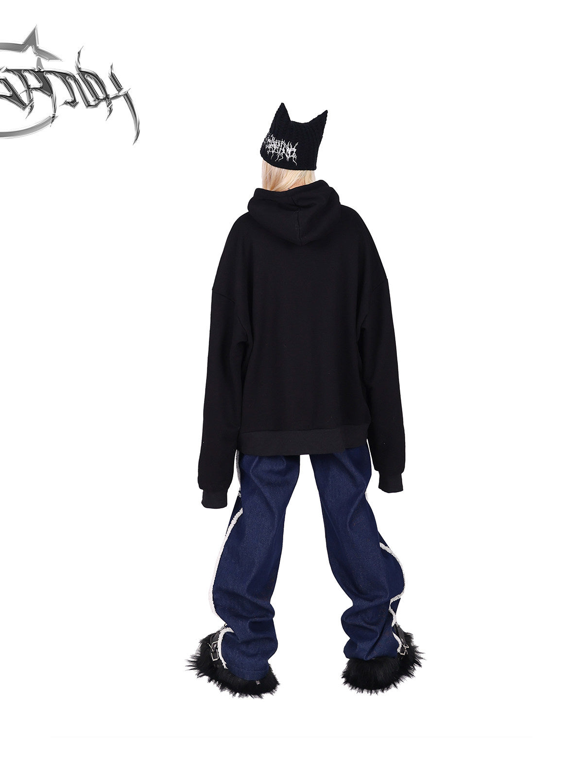 PINKSPINK fleece-striped wide-leg jeans — back full-length modeled view with the hoodie down