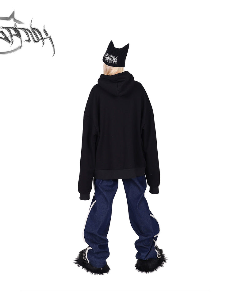 PINKSPINK fleece-striped wide-leg jeans — back full-length modeled view with the hoodie down