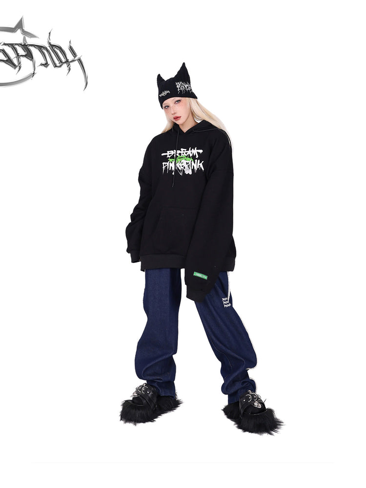 PINKSPINK fleece-striped wide-leg jeans — angled full-length modeled view styled with a cat-ear beanie